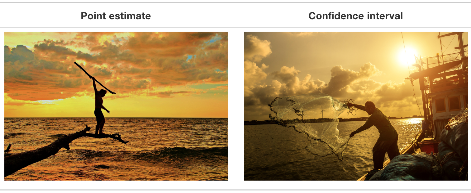 Analogy of difference between point estimates and confidence intervals.